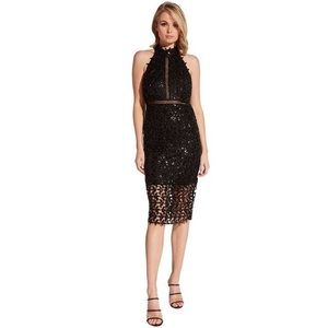 BARDOT black bodycon sequin cocktail halter midi knee leaf dress xs small lined